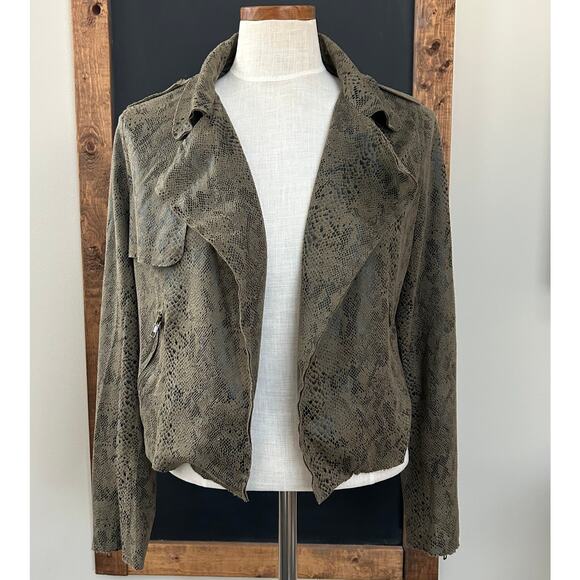 Skies Are Blue Snakeskin Moto Jacket M Olive Cropped Vegan Suede Indie Sleaze - Picture 2 of 16